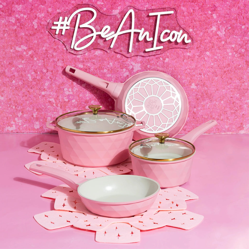 2026 NewParis Hilton 10-Piece Ceramic Nonstick Cast Aluminum Cookware Set, Clean Ceramic Coating, Faceted Pink Design
