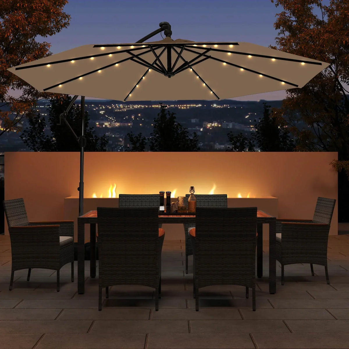 2026 NewCostway 10 FT Solar Offset Hanging Umbrella Patio Cantilever Umbrella with 32 LED Lights Brown