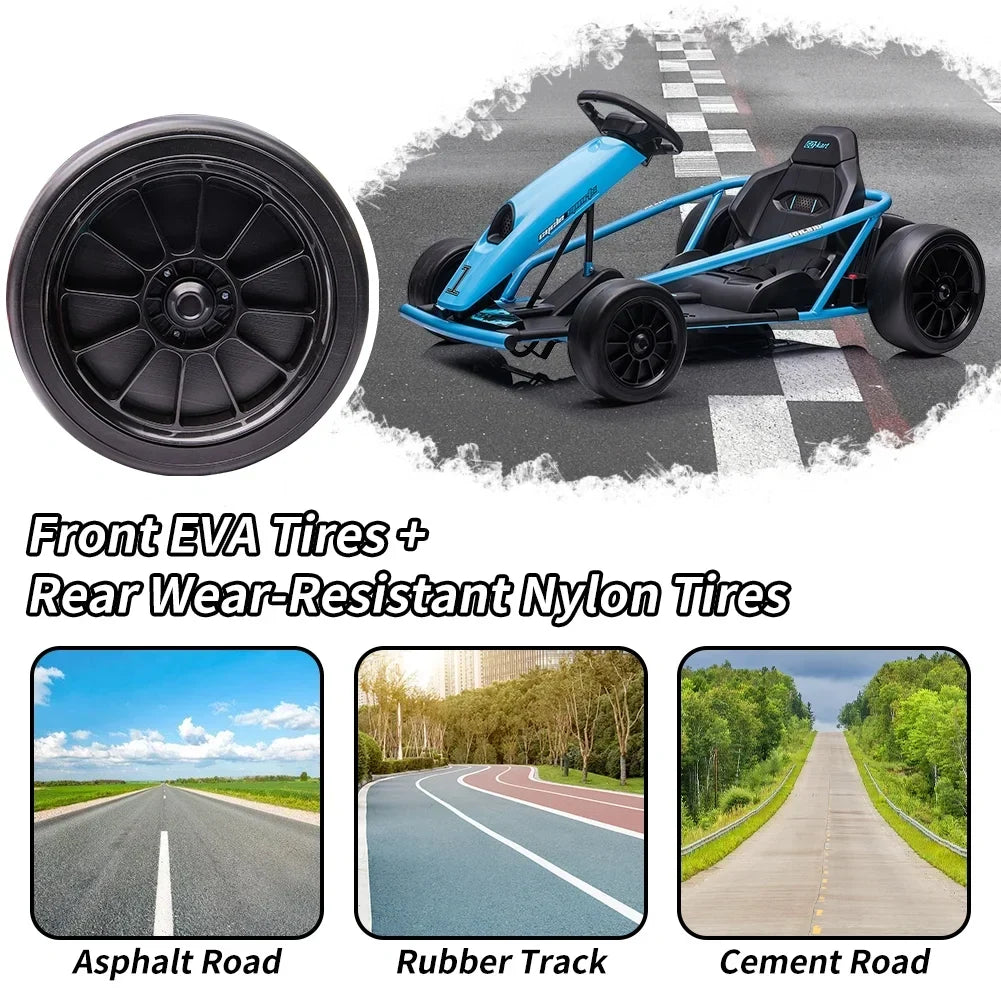 2026 NewSimzone Go Kart for Kids 24V Battery 300WX2 Motors Pedal On Foot Go Cart 8MPH High Speed Drifting Car with Slow Start Function Music Elastic Durable Tires, Blue