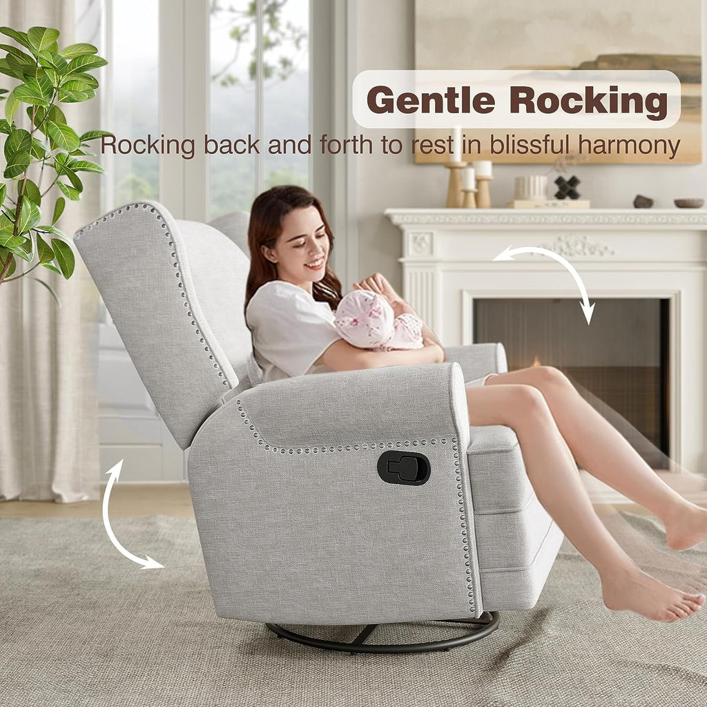 2026 NewRoyalcraft Swivel Nursery Glider Recliner, Comfy Upholstered Glider Chair with Lumbar Pillow and Footrest, Beige