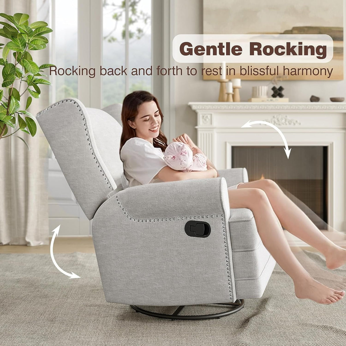 2026 NewRoyalcraft Swivel Nursery Glider Recliner, Comfy Upholstered Glider Chair with Lumbar Pillow and Footrest, Beige