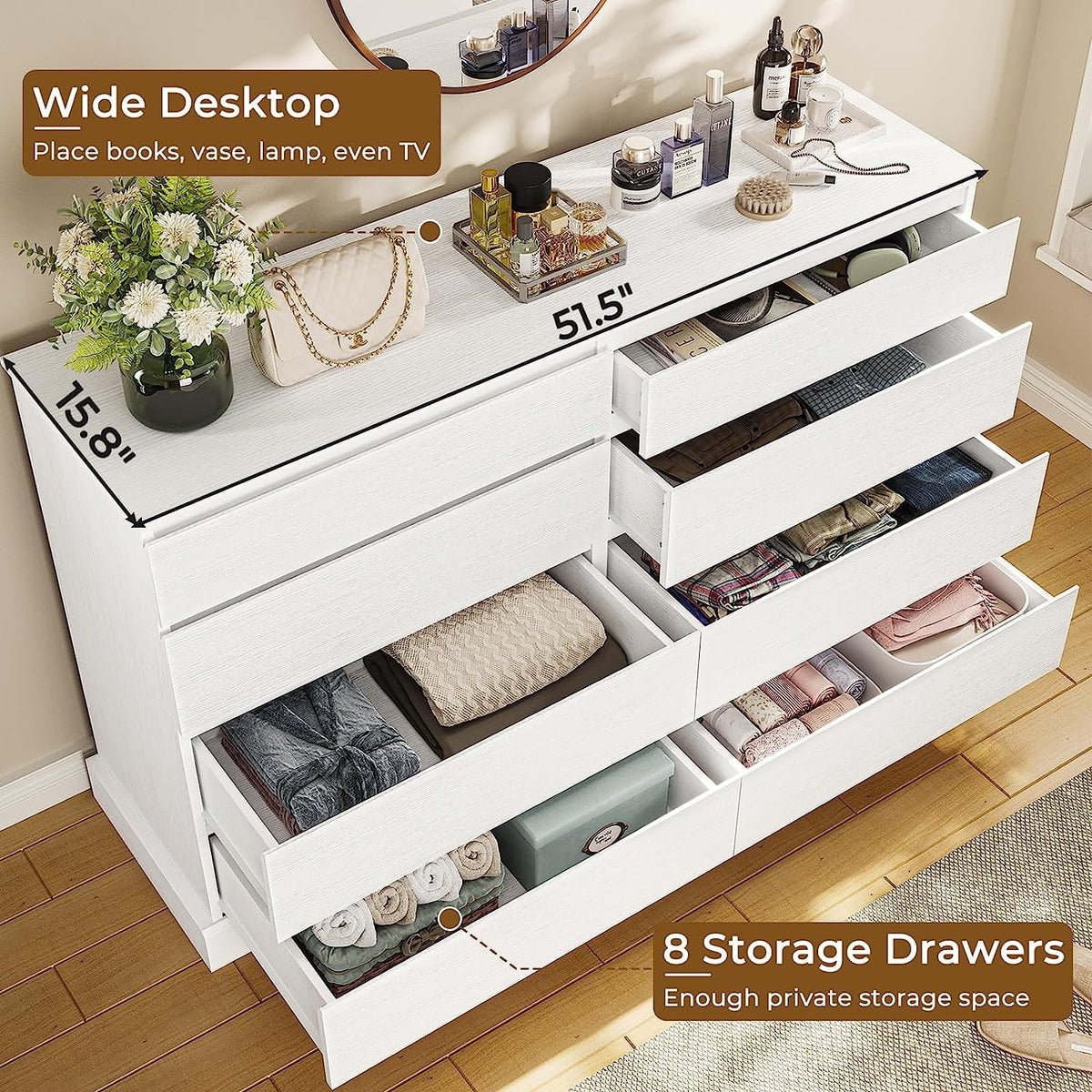 2026 New8 Drawers Double Dresser Wooden Black Chest of Drawers for Bedroom, Large Storage Cabinet for Home Living Room
