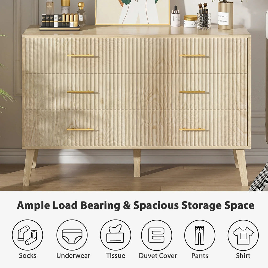 2026 NewFluted 6 Drawers Dresser, Wide Modern Chest of Drawers, 6 Drawer Double Dresser