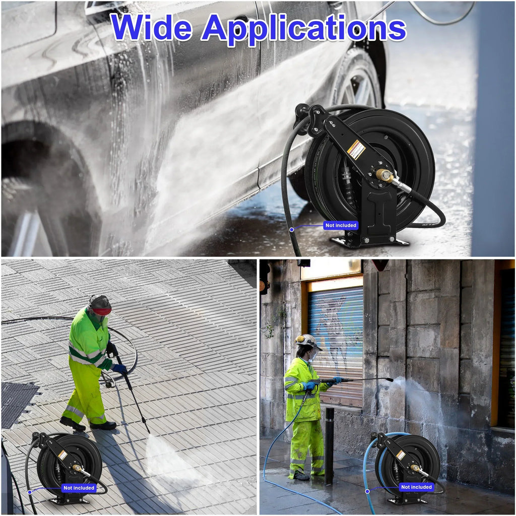 2026 NewAuto-Retractable Pressure Washer Hose Reel, 50FT x 3/8" Heavy Duty Steel Power Washer Hose Reel Dual Arm, 4000 PSI