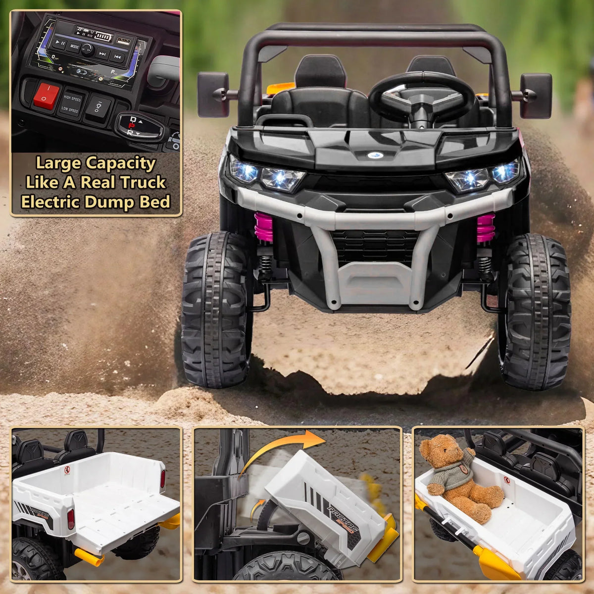 2026 NewXuanlur 24V 2 Seater Kids Ride on Car Truck, Ride on UTV W/ 2x200W Motor, 24 Volt Ride on Toys W/ Dump Bed/Shovel, Electric Car for Kids W/ Durable Tires, LED Light, Music, Remote Control, Black