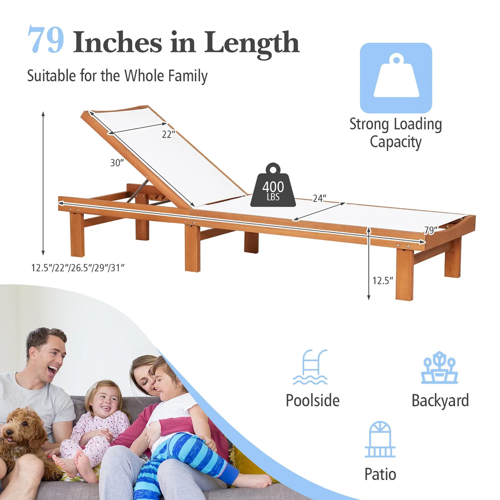 2026 NewGymax 2PCS Patio Wooden Chaise Lounge Chair Recliner w/ Adjustable Backrest