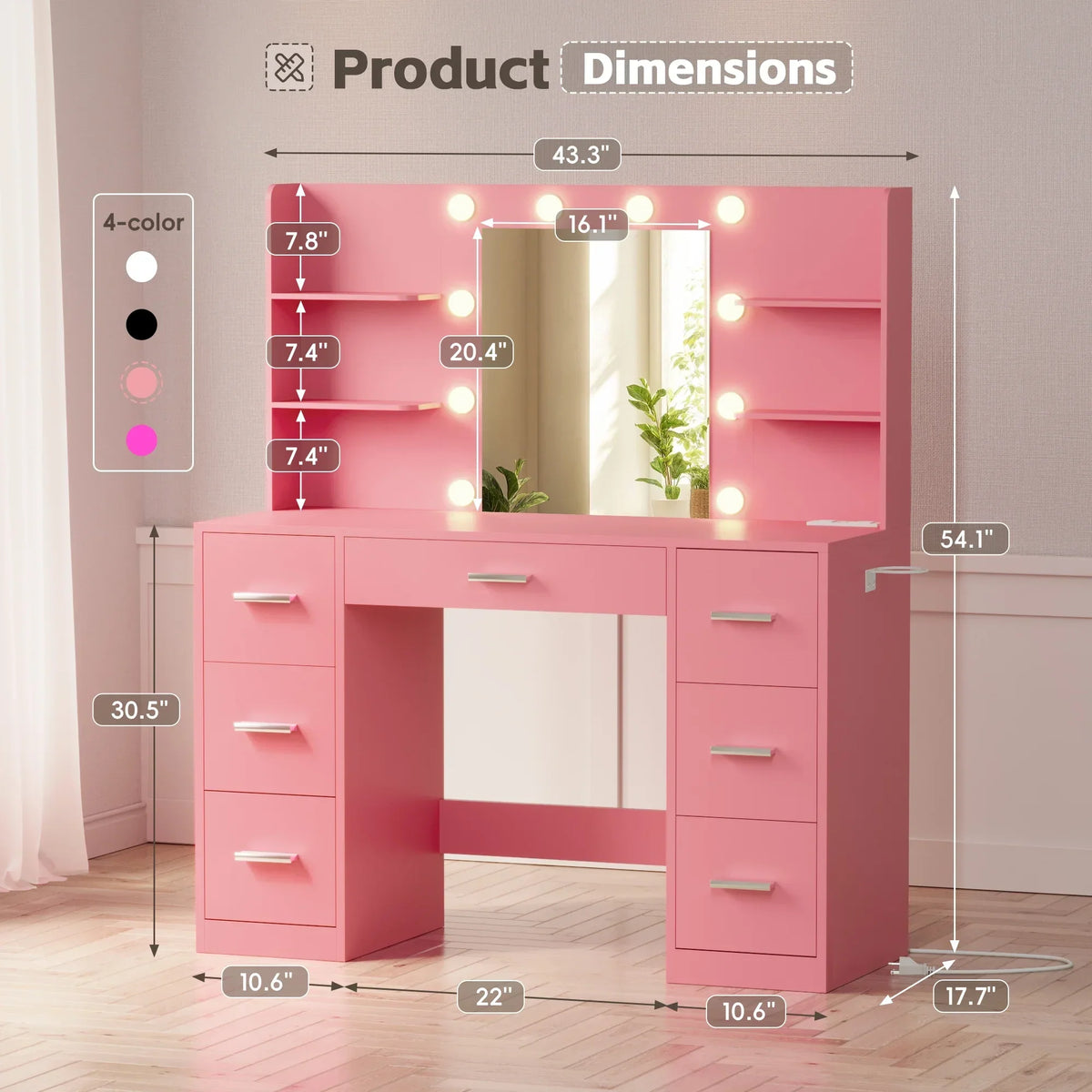 2026 NewLacoo Vanity Desk with Mirror and LED Lights, Makeup Vanity with 7 Drawers & 4 Shelves, Vanity Table with Power Outlet for Bedroom Dressing Room, White