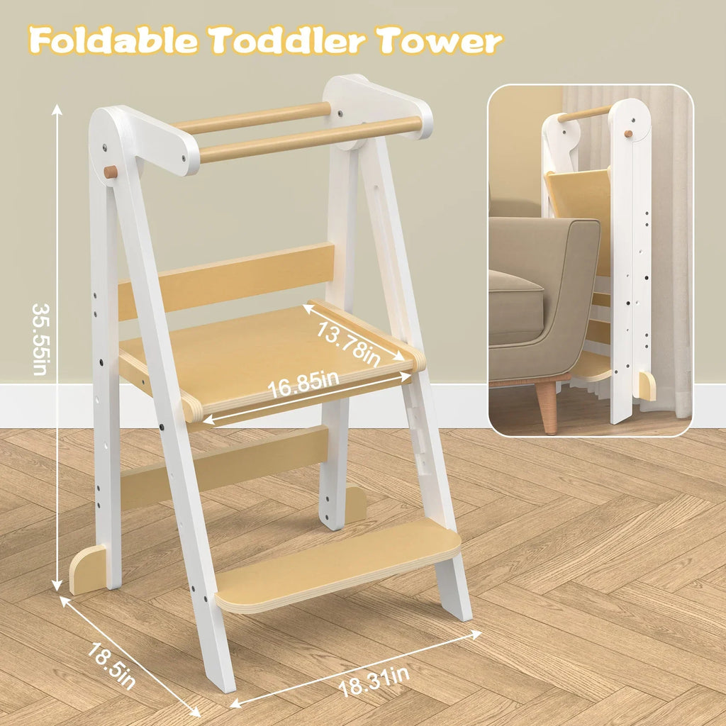 2026 NewJOZ Kitchen Toddlers Step Stool, Montessori Kids Learning Stool, Foldable Toddler Tower for Counter, Standing Helper for Children, 3 Adjustable Heights, Wooden, White