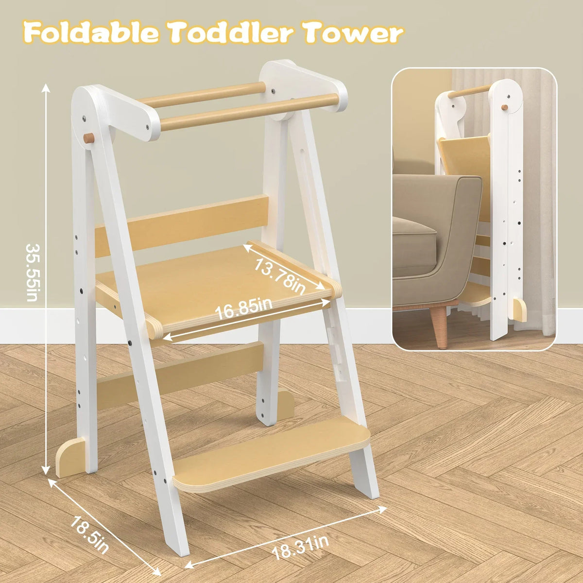 2026 NewJOZ Kitchen Toddlers Step Stool, Montessori Kids Learning Stool, Foldable Toddler Tower for Counter, Standing Helper for Children, 3 Adjustable Heights, Wooden, White