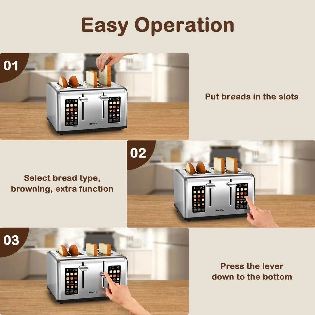 2026 NewMecity 4-Slice Touchscreen Toaster, Stainless Steel, 6 Browning Settings, Reheat, Cancel, Defrost, Removable Tray