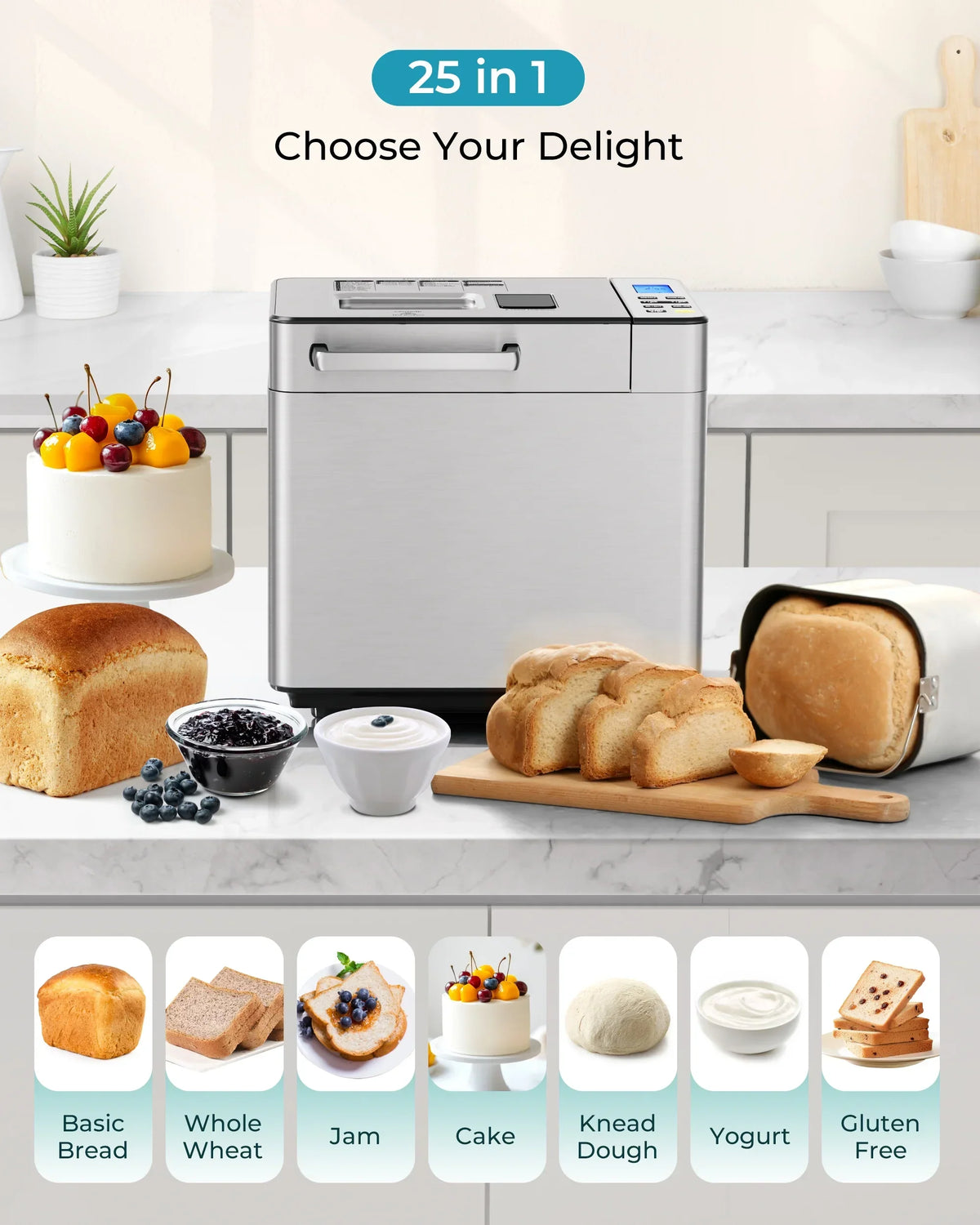 2026 NewSimzlife 25-in-1 Bread Maker Machine, 2LB Capacity for Dough & Bread with Automatic Fruit and Nut Dispenser, Stainless Steel Construction