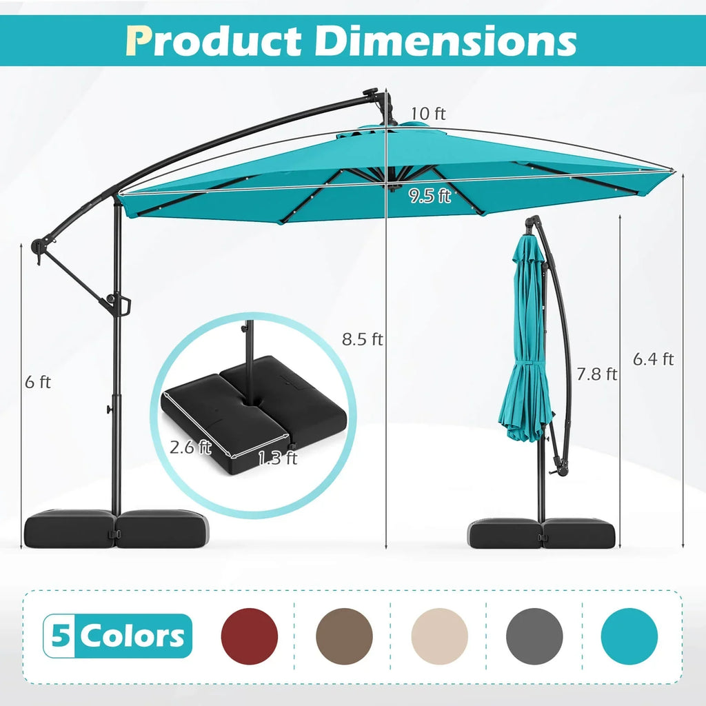 2026 NewCostway 10 FT Solar Offset Hanging Umbrella Patio Cantilever Umbrella with 32 LED Lights Brown