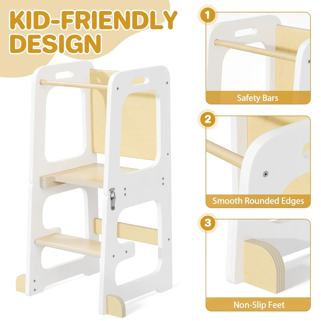 2026 NewJOZ Kitchen Toddlers Step Stool, Montessori Kids Learning Stool, Foldable Toddler Tower for Counter, Standing Helper for Children, 3 Adjustable Heights, Wooden, White