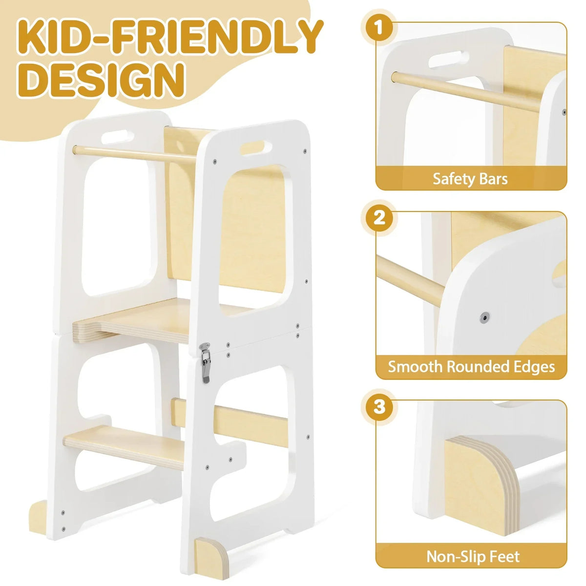 2026 NewJOZ Kitchen Toddlers Step Stool, Montessori Kids Learning Stool, Foldable Toddler Tower for Counter, Standing Helper for Children, 3 Adjustable Heights, Wooden, White