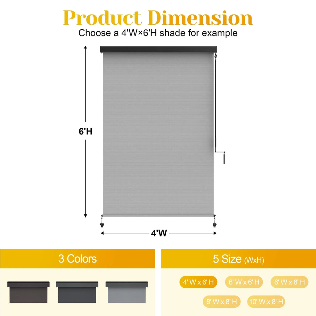 2026 NewSuperjoe Outdoor Roller Shade for Patio, Cordless Blackout Waterproof Blind, UV Block, 4'L x 6'W