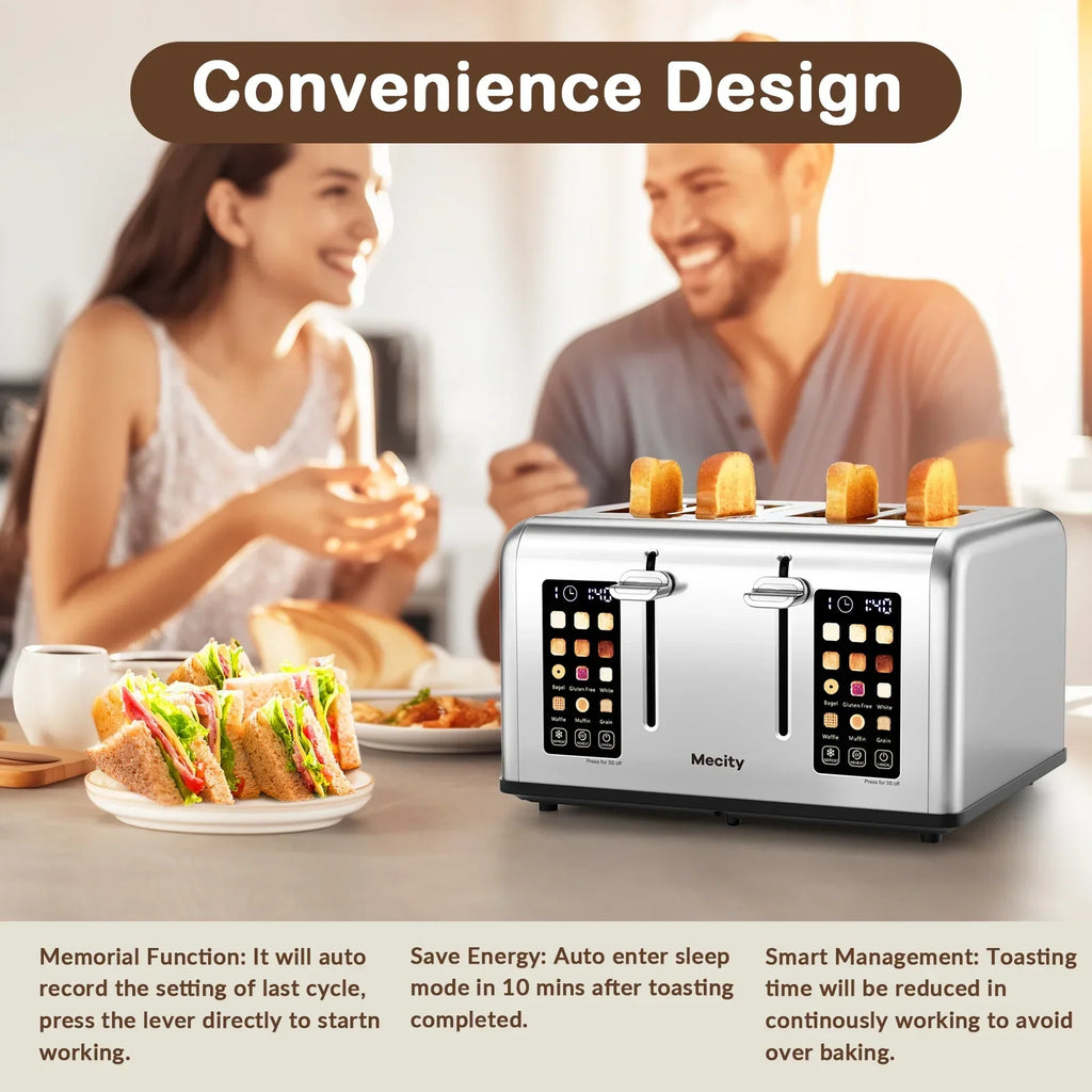 2026 NewMecity 4-Slice Touchscreen Toaster, Stainless Steel, 6 Browning Settings, Reheat, Cancel, Defrost, Removable Tray