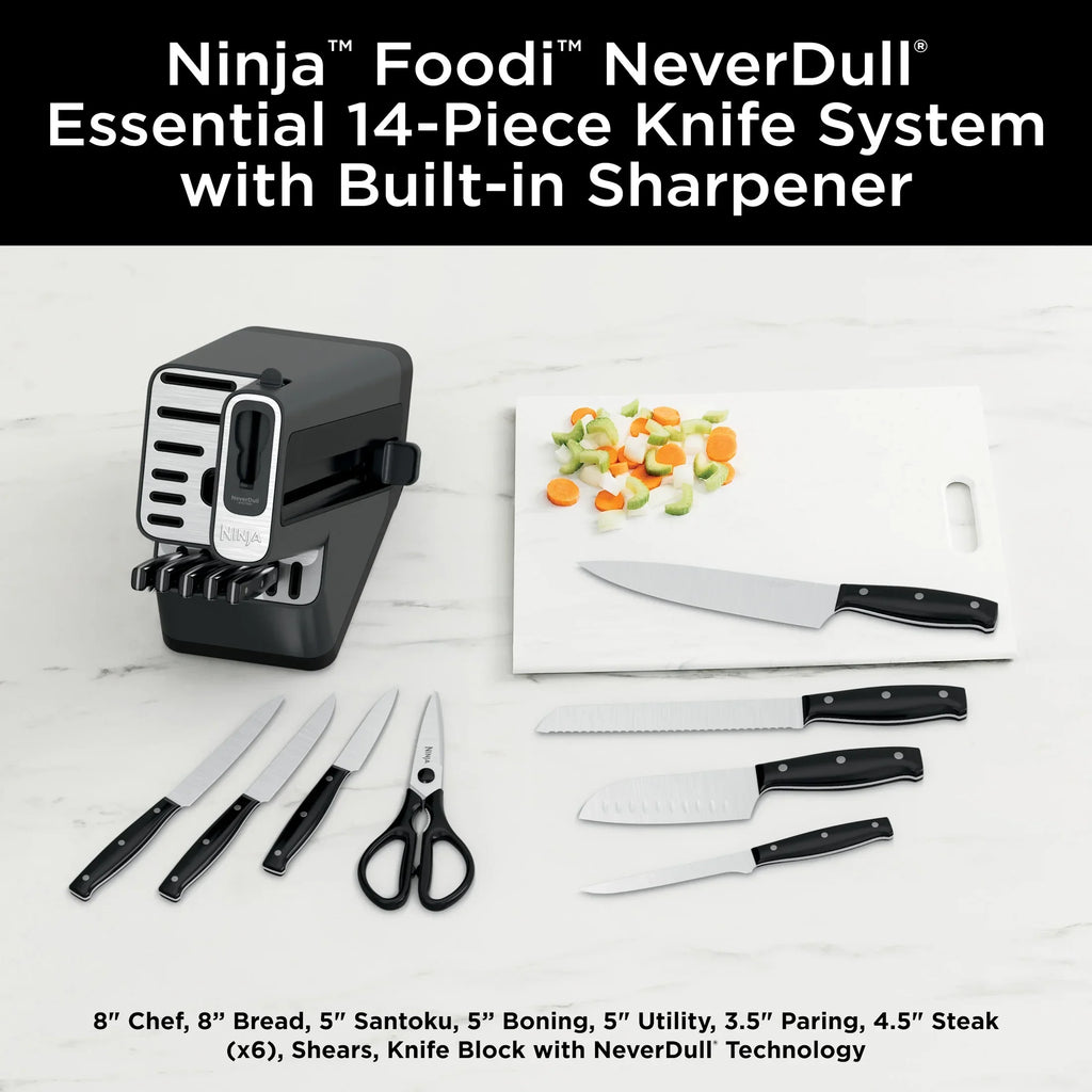 2026 NewNinja NeverDull 14-Piece Stainless Steel Essential Knife System with Built-in Sharpener, K12014 Black/Gray
