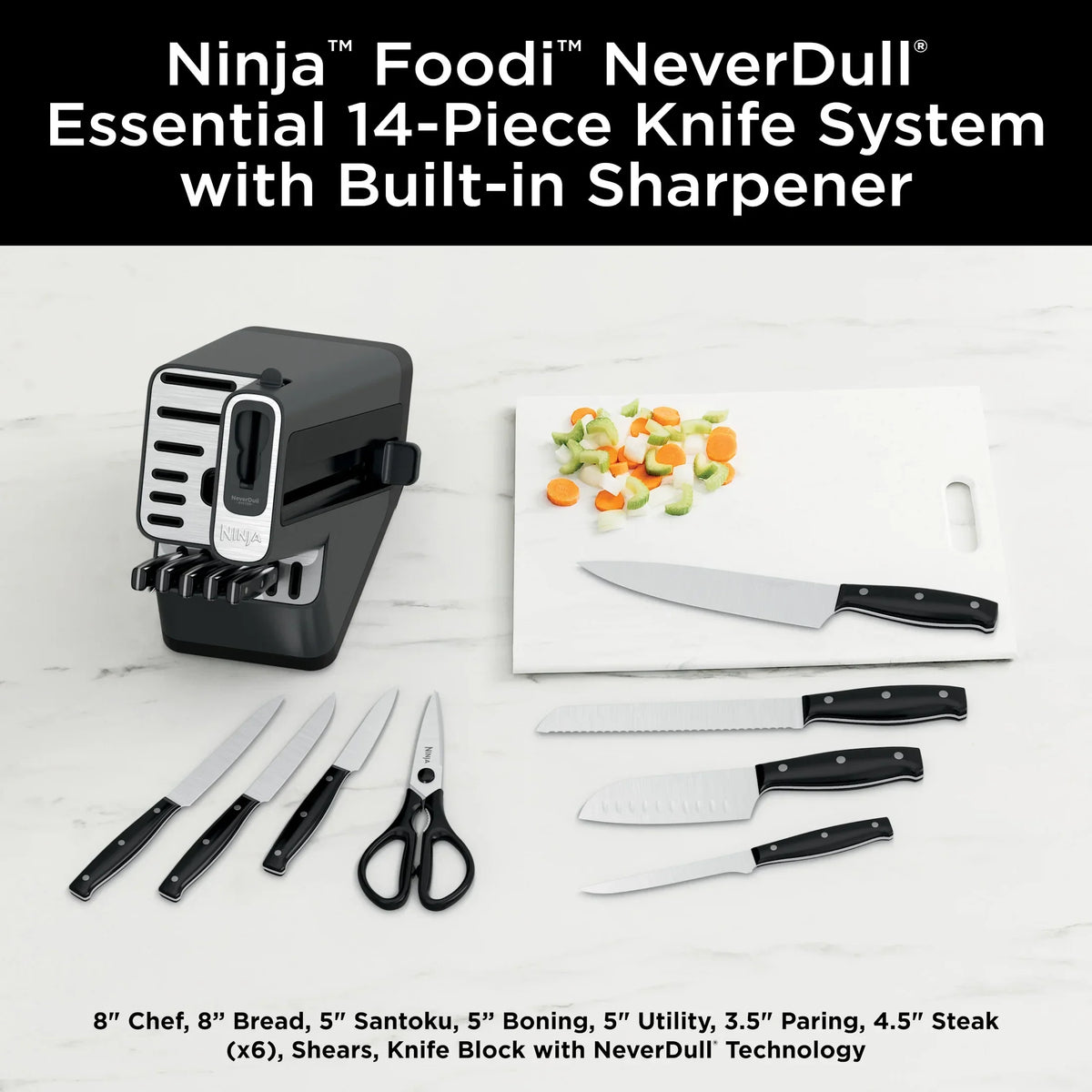 2026 NewNinja NeverDull 14-Piece Stainless Steel Essential Knife System with Built-in Sharpener, K12014 Black/Gray