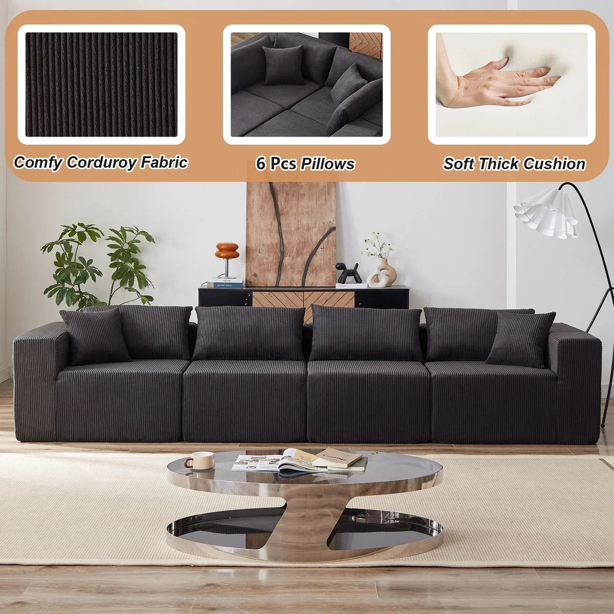 2026 New104-Inch Corduroy Modular L Shaped Sectional Sofa,Luxury Floor Couch Set,Upholstered Indoor Furniture,Foam-Filled Compressed Sofa for Living Room,Bedroom,4 PC Free Combination