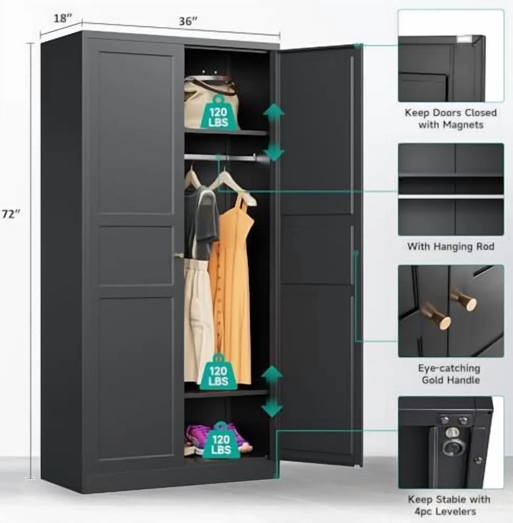 2026 NewMetal Wardrobe Cabinet with Hanging Rod,Black Armoire Wardrobe Closet,Metal Clothing Storage Cabinet with Adjustable Shelves and Doors,72" Cloth Storage Cabinets for Home,Living/Laundry Room