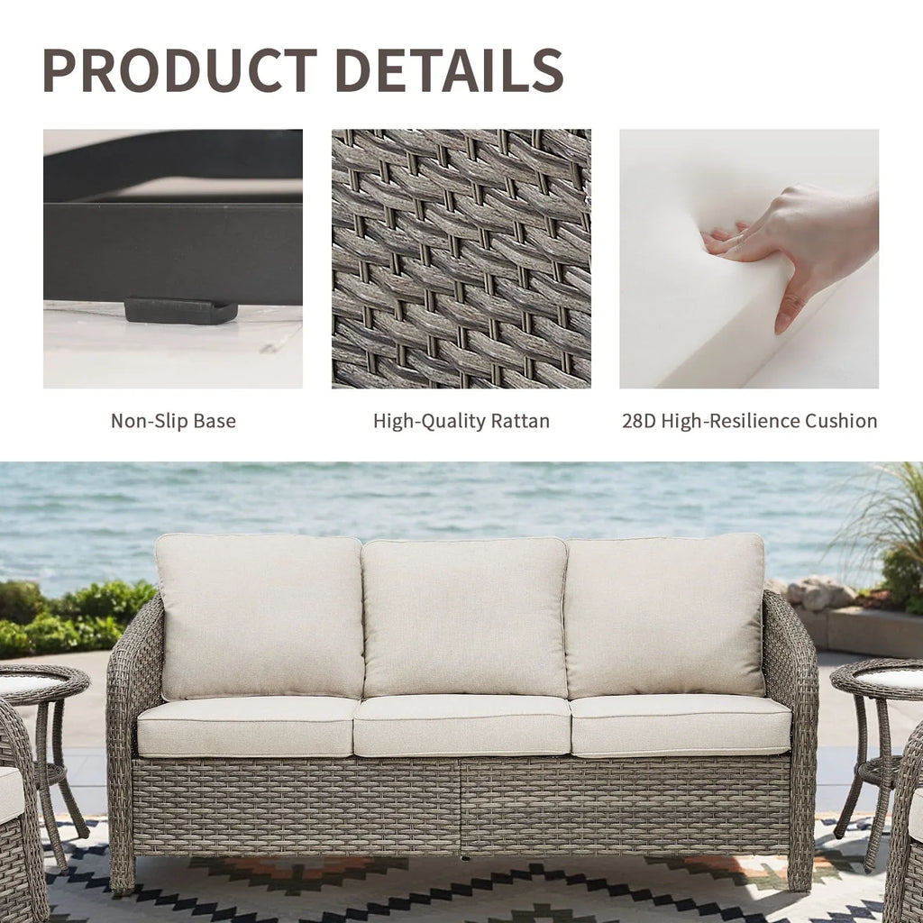 2026 New3-Seat Patio Wicker Sofa Outdoor Rattan Couch Furniture Steel Frame with Beige cushion&Waterproof Cover, Gray