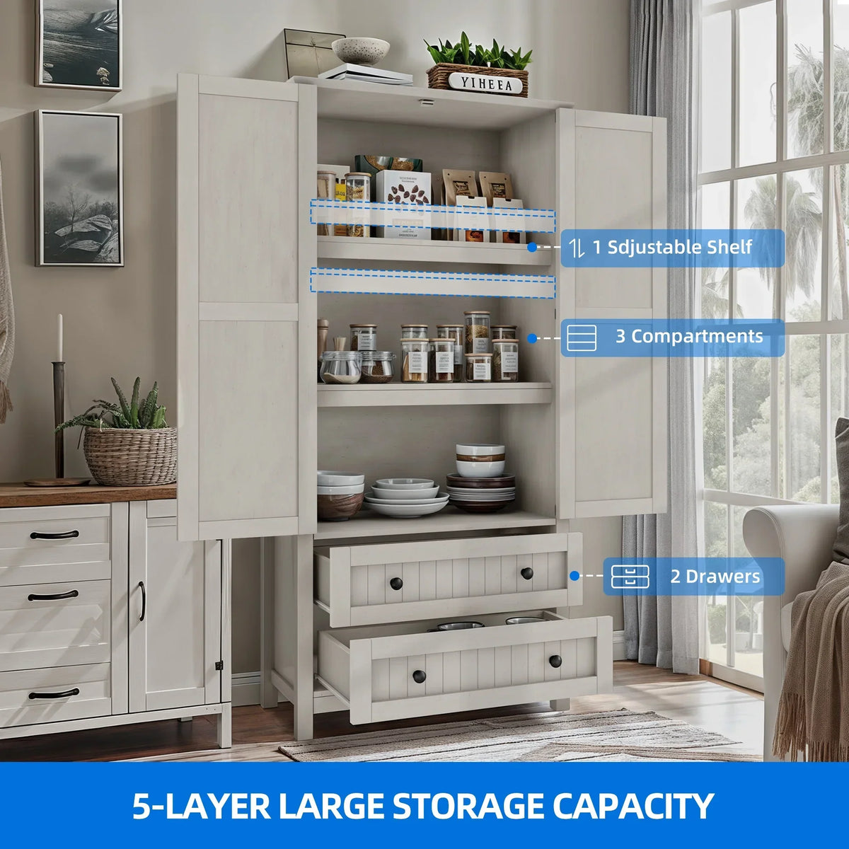 2026 NewDextrus 64.56" Tall Kitchen Pantry Cabinet with 2-Drawer and Adjustable Shelves, White Oak