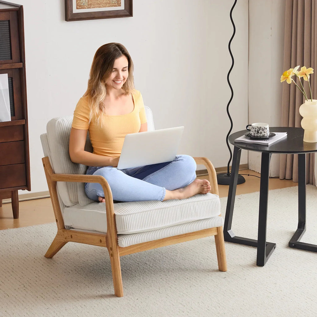 2026 NewKtaxon Accent Chair Corduroy Upholstered Armchair, Reading Club Chair with Pillow and Solid Wood Frame for Living Room Bedroom Furniture Off White