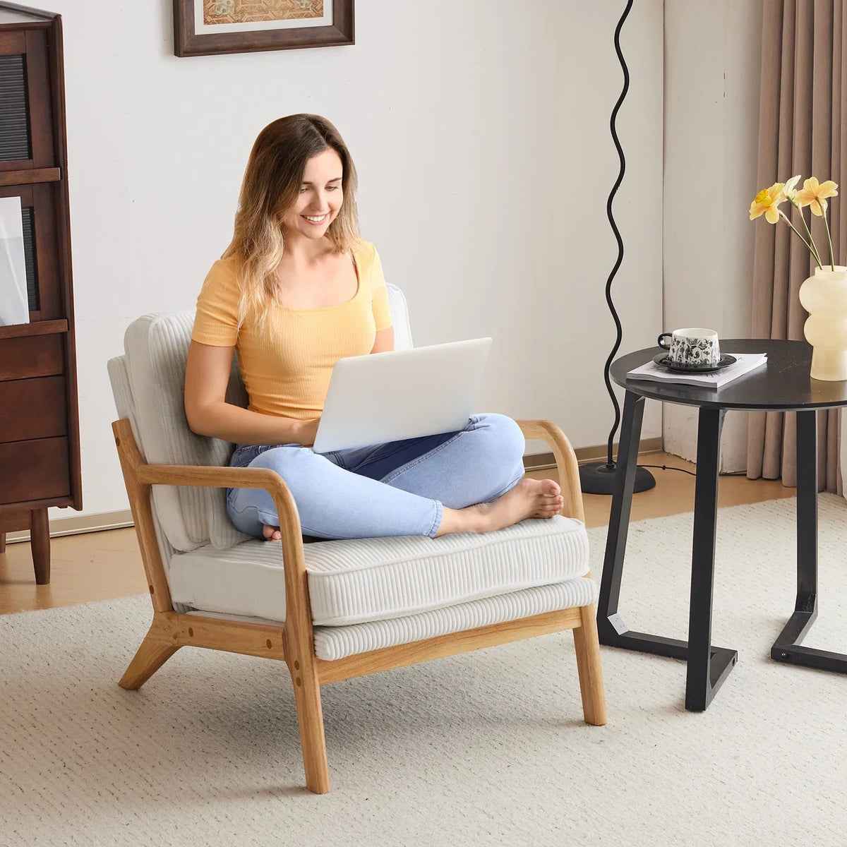 2026 NewKtaxon Accent Chair Corduroy Upholstered Armchair, Reading Club Chair with Pillow and Solid Wood Frame for Living Room Bedroom Furniture Off White