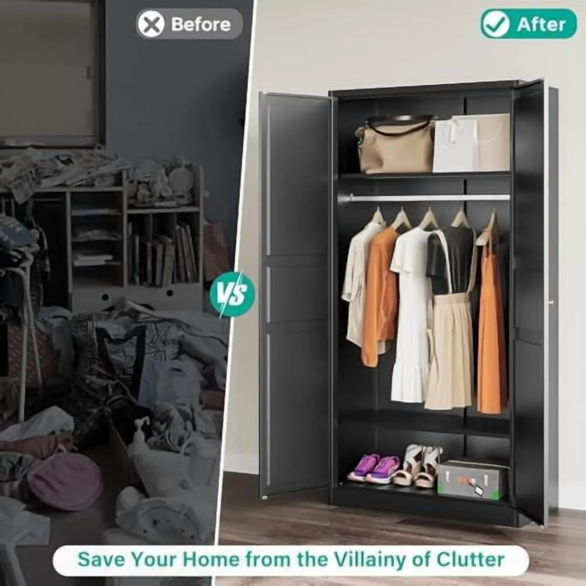 2026 NewMetal Wardrobe Cabinet with Hanging Rod,Black Armoire Wardrobe Closet,Metal Clothing Storage Cabinet with Adjustable Shelves and Doors,72" Cloth Storage Cabinets for Home,Living/Laundry Room