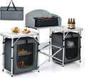 2026 NewCamping Kitchen Table with Storage, Aluminum Portable Outdoor Cooking Table with Windscreen, Foldable Camp Table Cook Station for BBQ, Grill, Party, Picnics