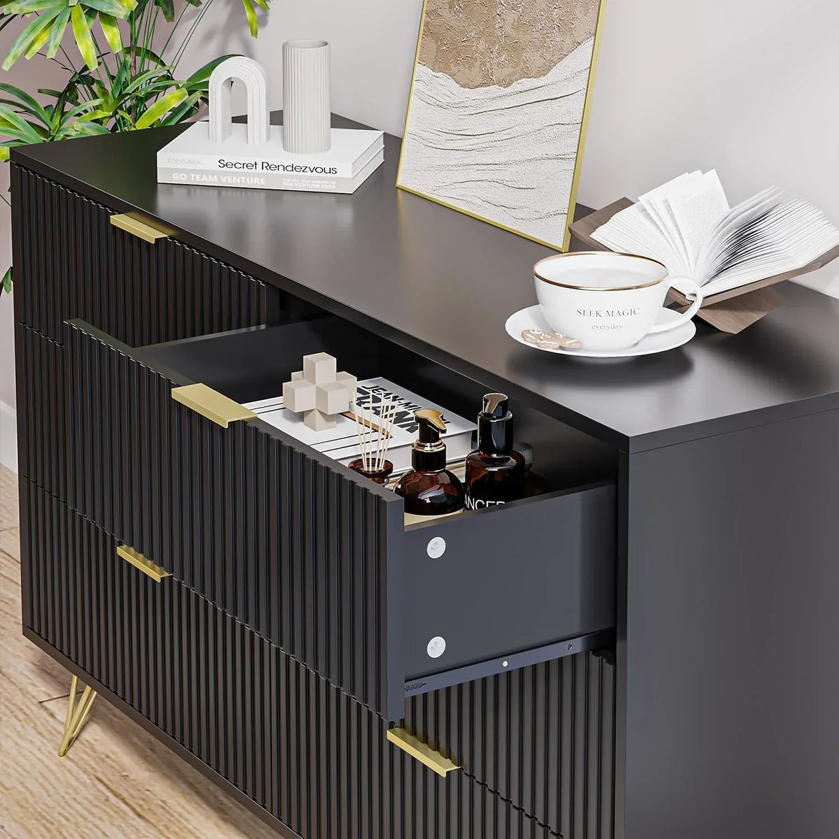 2026 NewFURNIWAY White 6 Drawer Dresser for Bedroom, Modern Dresser with Gold Metal Handles,Fluted Wood TV Stand for Living Room, Hallway