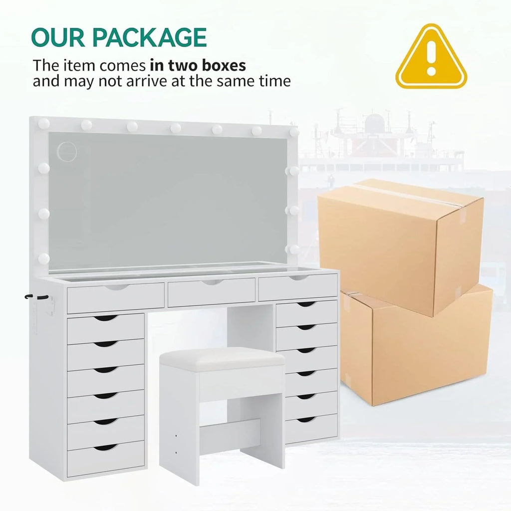 2026 NewYanosaku 15 Drawers Vanity Desk with Power Outlet, Makeup Table with Mirror and 13 LED Lights, 3 Color Lighting Modes, Brightness Adjustable, Glass Top Dressing Table, Vanity Set for Bedroom