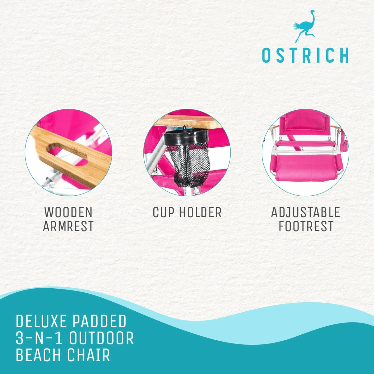 2026 NewOstrich Deluxe 3N1 Lightweight Outdoor Beach Lounge Chair w/Footrest, Pink