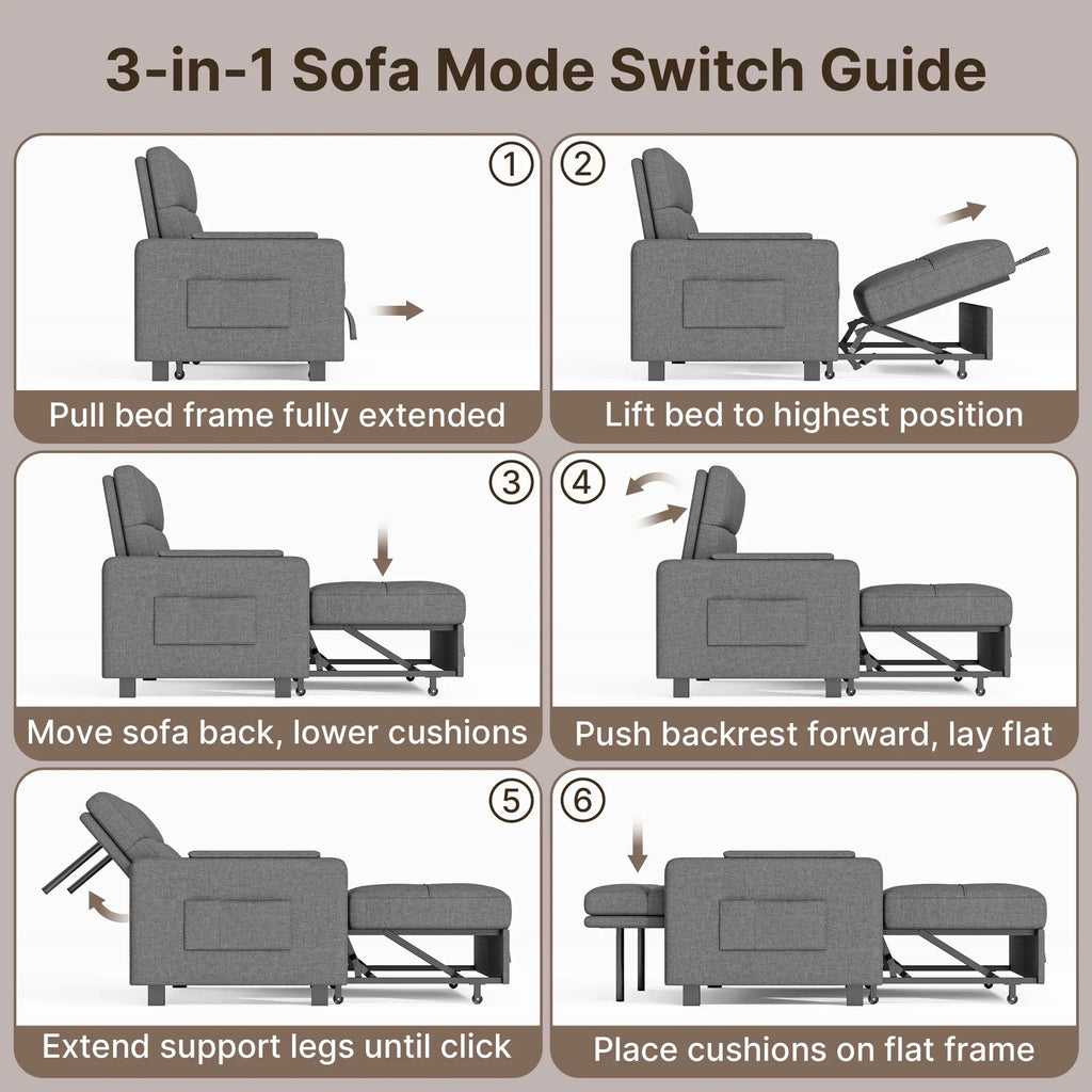 2026 NewSofa Bed, Lofka 3-in-1 Convertible Sleeper Sofa with Storage, Adjustable Backrest & Pull Out Function - Sleeper Chair for Small Space, Apartment, Dark Grey