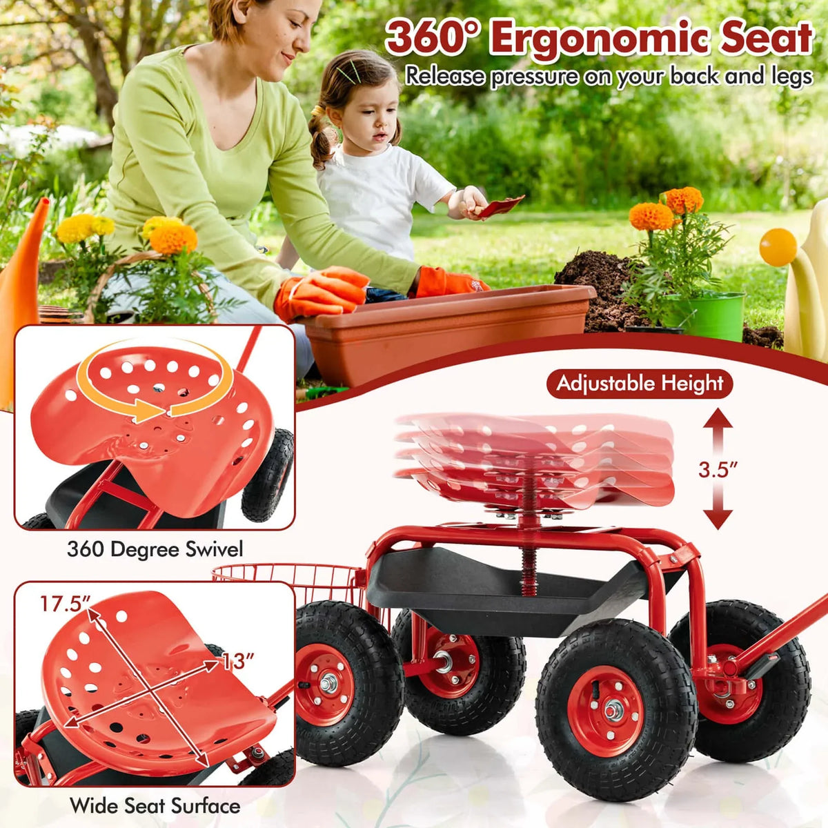 2026 NewCostway Garden Cart Rolling Work Seat for Planting with Extendable Handle Green