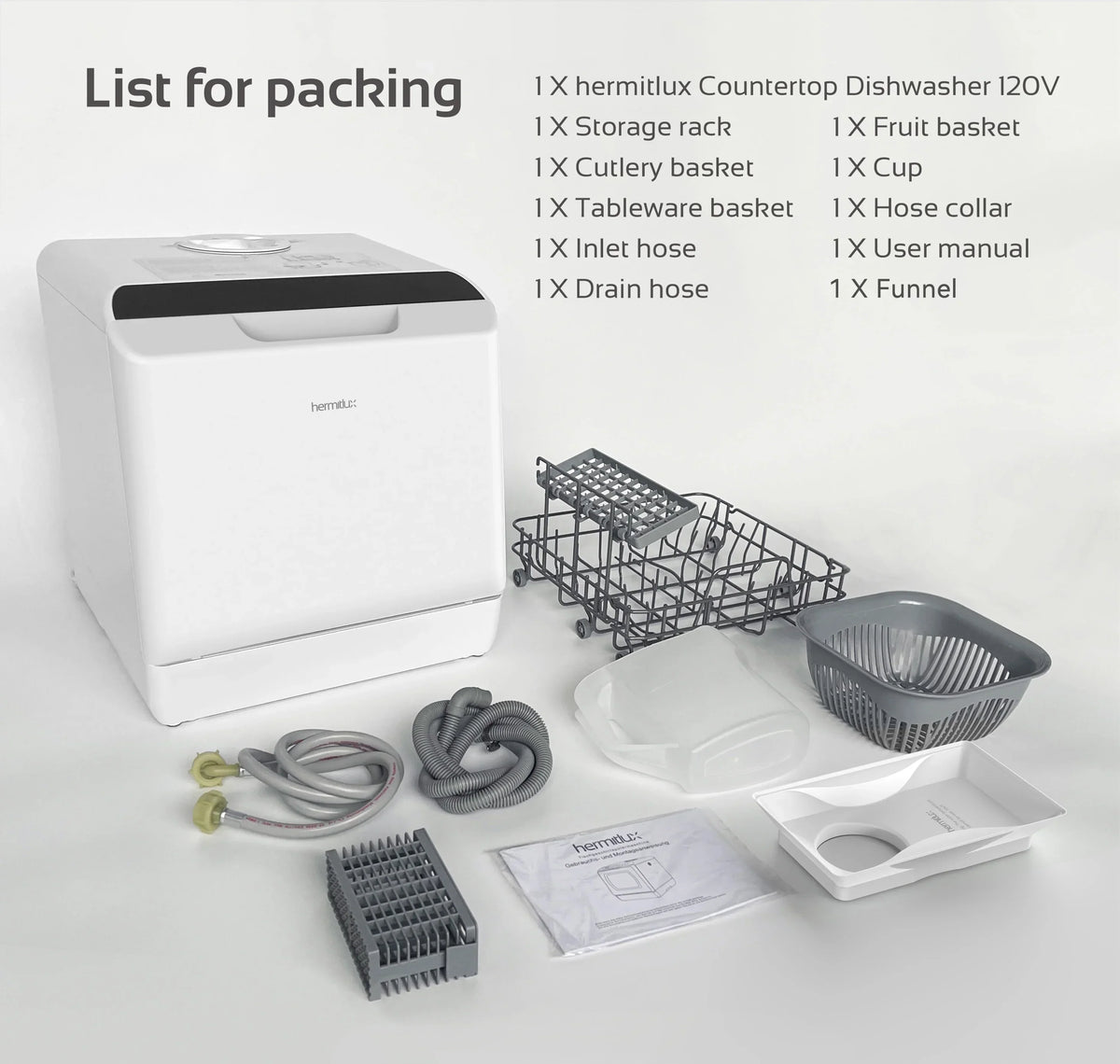 2026 NewHermitlux Portable Countertop Dishwasher, 5 Washing Programs, 5L Built-in Water Tank and Air-Dry Function, HMX-DW03