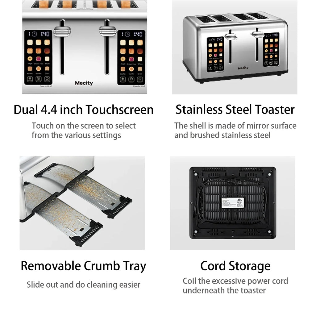 2026 NewMecity 4-Slice Touchscreen Toaster, Stainless Steel, 6 Browning Settings, Reheat, Cancel, Defrost, Removable Tray