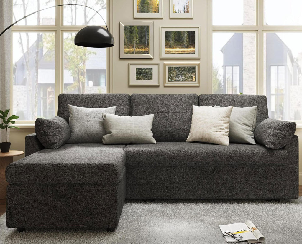 2026 NewVANACC Sofa Bed, Adult Sleeper Sofa with Storage Chaise, Pull Out Couch for Bed Room, Gray Chenille