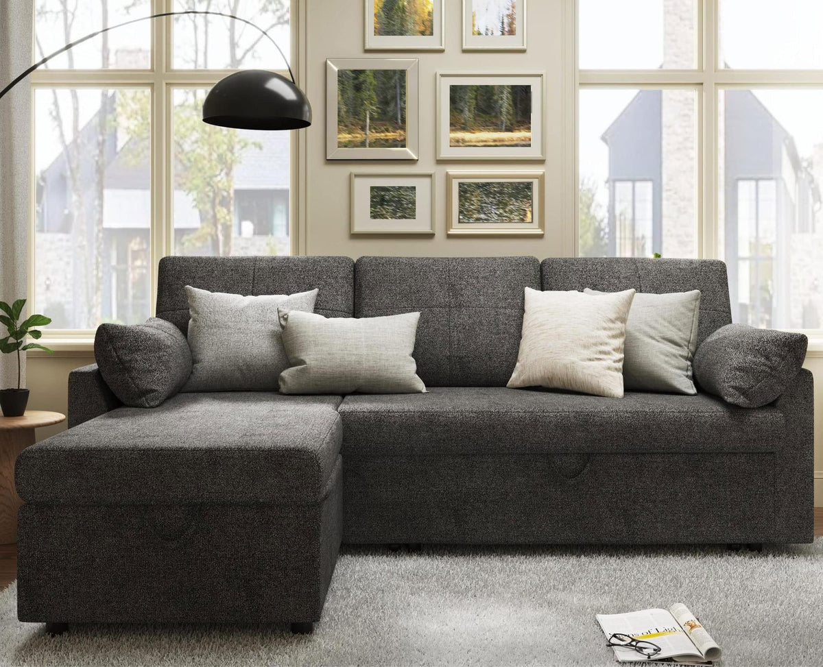 2026 NewVANACC Sofa Bed, Adult Sleeper Sofa with Storage Chaise, Pull Out Couch for Bed Room, Gray Chenille