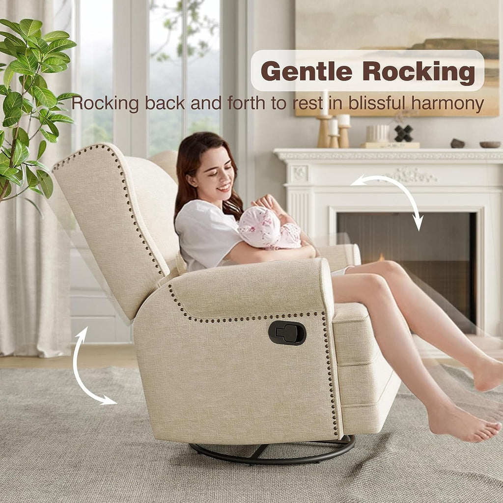 2026 NewRoyalcraft Swivel Nursery Glider Recliner, Comfy Upholstered Glider Chair with Lumbar Pillow and Footrest, Beige