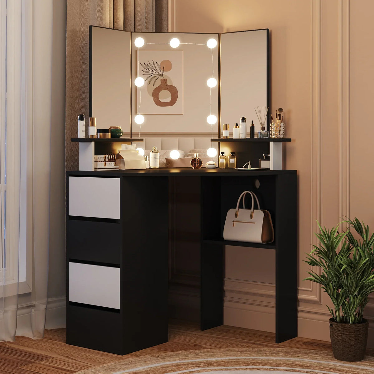 2026 NewVeanerwood White Corner Vanity Desk with Mirror and Light,Makeup Table with 4 Drawers and Charging Station for Bedroom