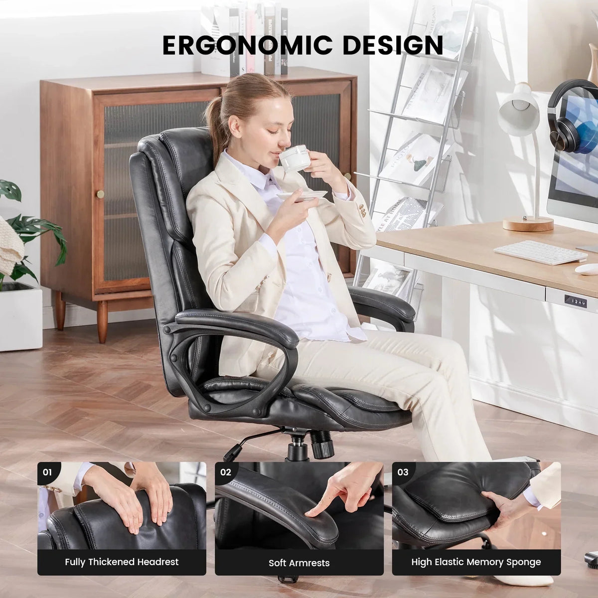 2026 NewMainstays Executive Ergonomic High Back Leather Home Office Desk Chair, Black