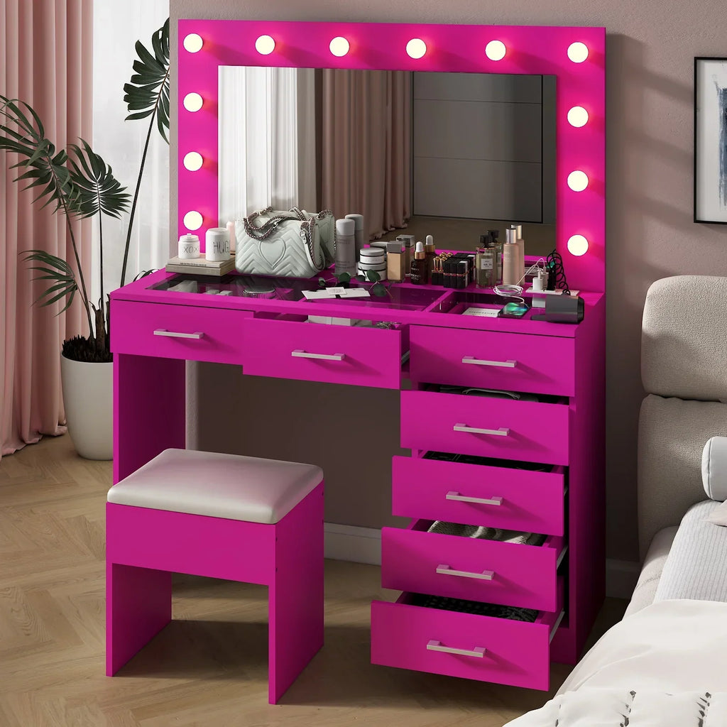 2026 NewKtaxon Large Makeup Vanity, Vanity Table Set w/ Visible Glass Top w/ Charging Station, White