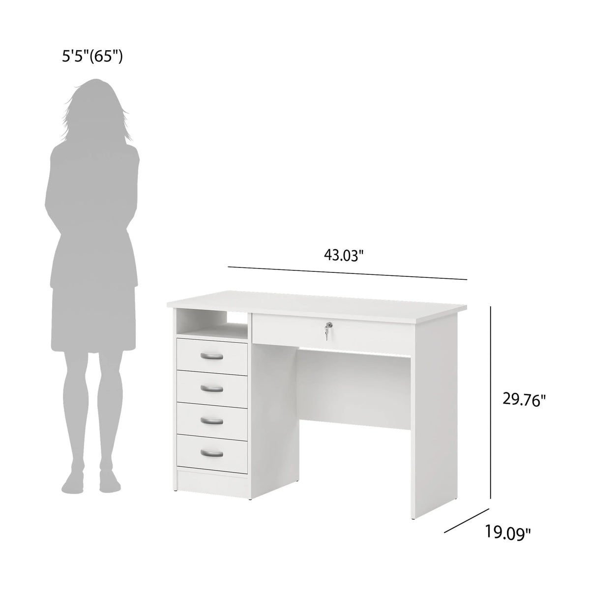 2026 NewTvilum Walden 5 Drawer Office Desk with 1 Locking Drawer for Adults, White