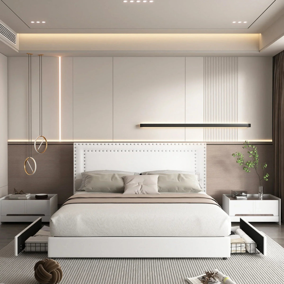 2026 NewVECELO Full Bed Frame with 4 Storage Drawers (Wheeled) and Tufted Upholstered Adjustable Headboard Platform Bed, Beige