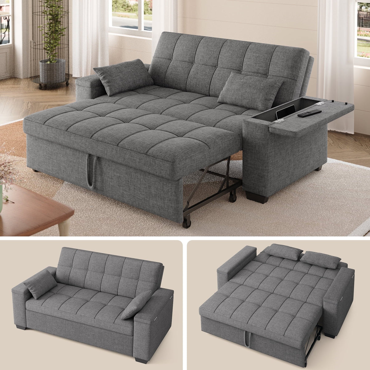 2026 NewSofa Bed, Lofka 3-in-1 Convertible Sleeper Sofa with Storage, Adjustable Backrest & Pull Out Function - Sleeper Chair for Small Space, Apartment, Dark Grey
