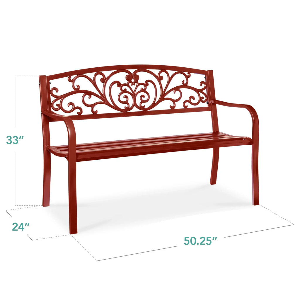 2026 NewBest Choice Products Outdoor Steel Bench Garden Patio Porch Furniture w/ Floral Design Backrest - Black