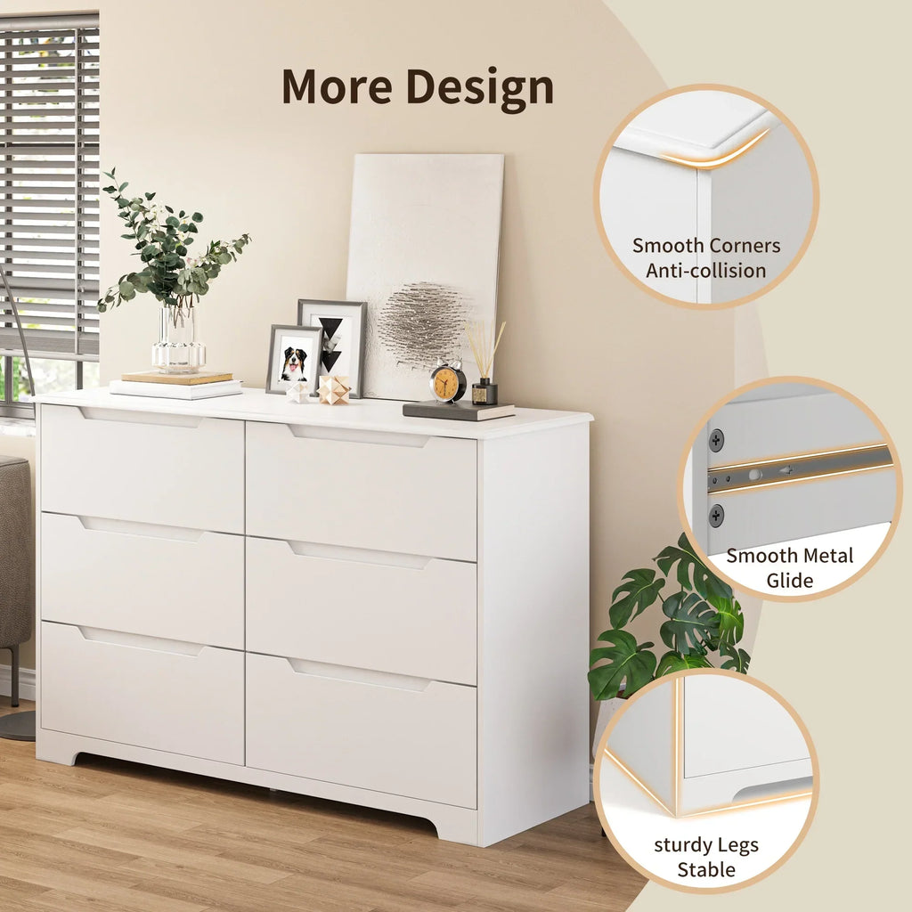 2026 NewDresser for Bedroom, Lofka 6 Drawer Double Dresser with Cutout Handles, Large Storage Capacity, Anti-Tip Safety, Modern Wood Chest of Drawers, Smooth Metal Rail, White