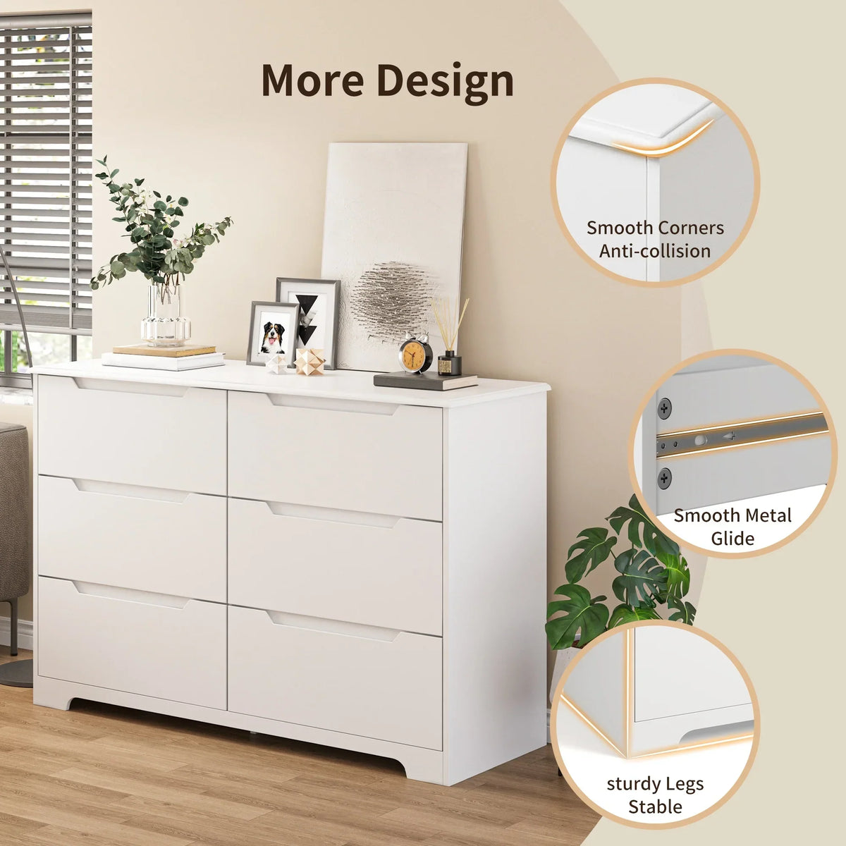 2026 NewDresser for Bedroom, Lofka 6 Drawer Double Dresser with Cutout Handles, Large Storage Capacity, Anti-Tip Safety, Modern Wood Chest of Drawers, Smooth Metal Rail, White
