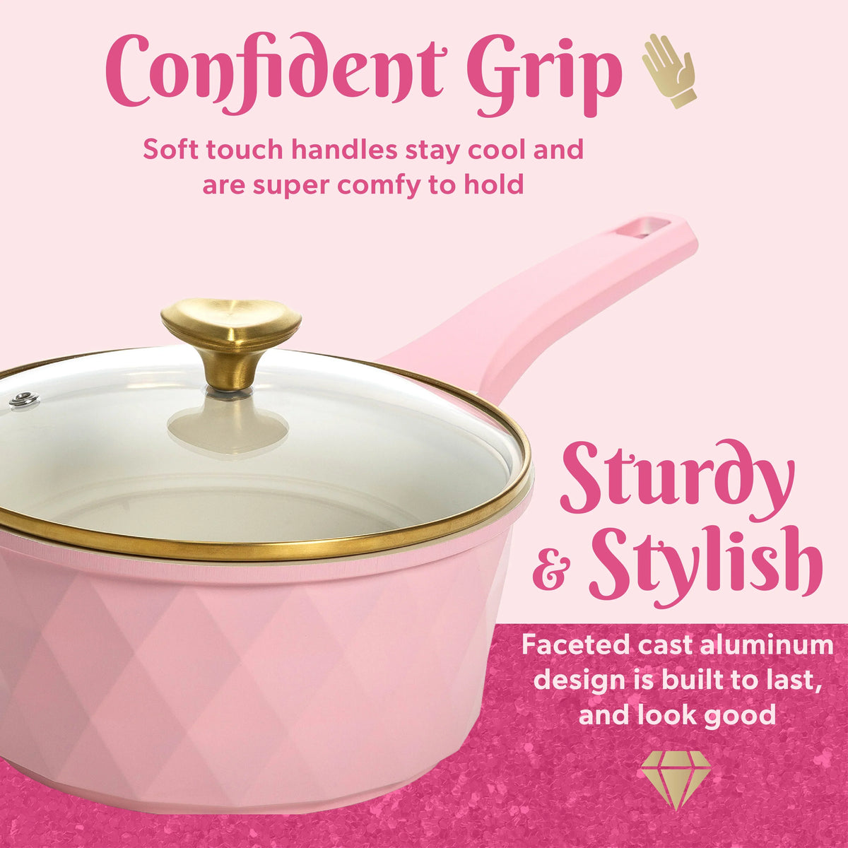 2026 NewParis Hilton 10-Piece Ceramic Nonstick Cast Aluminum Cookware Set, Clean Ceramic Coating, Faceted Pink Design